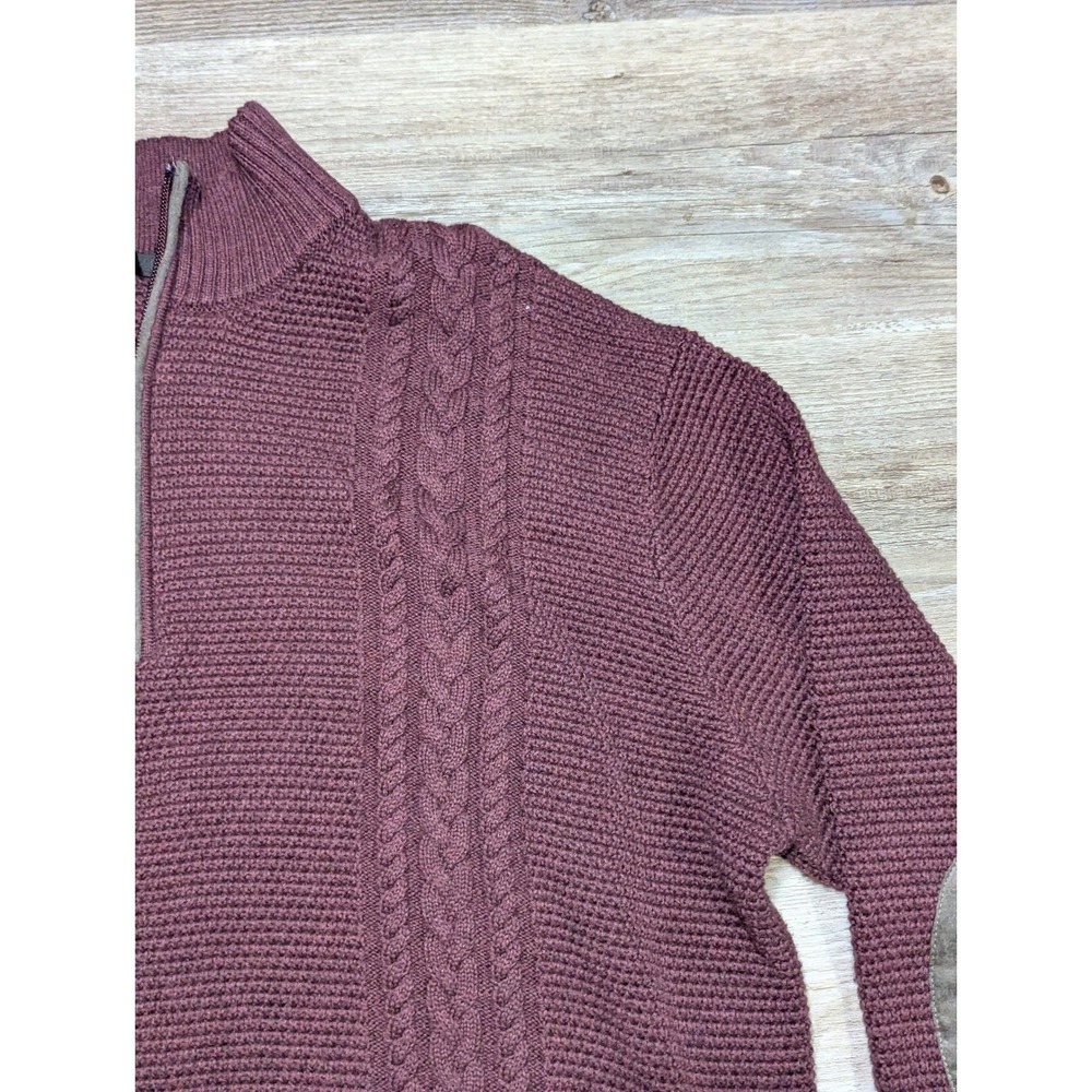 Raffi Burgundy Cable Knit Quarter Zip Sweater Mens Size XL Suede Elbow Patches - Picture 9 of 13